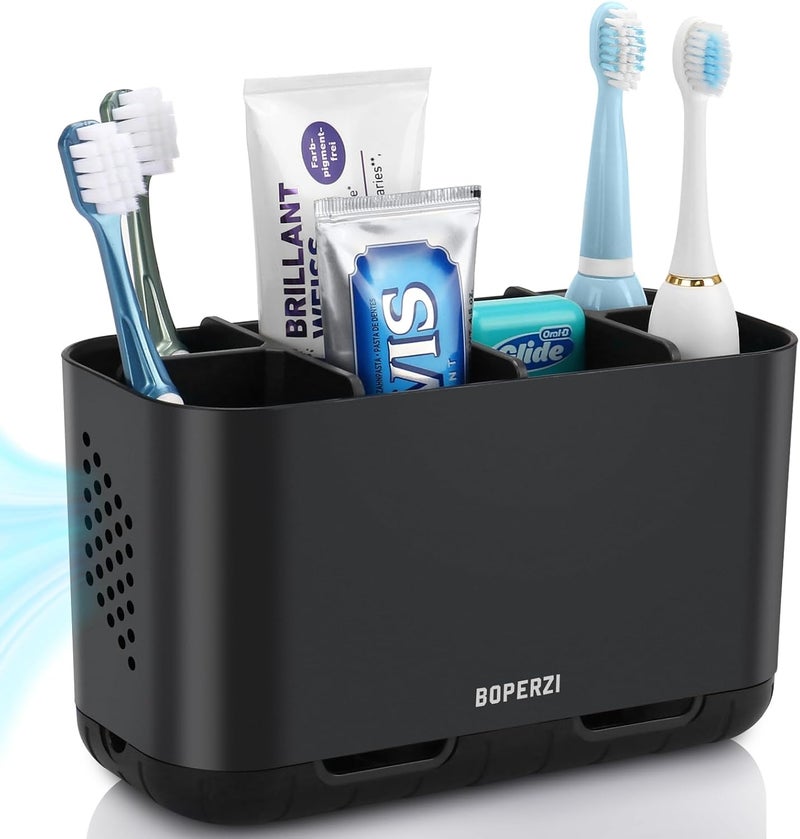 Boperzi Toothbrush Holders for Bathrooms Organizers and Storage, Large Tooth Brush Holders with Drainage, Anti-Slip Electric Toothbrush and Toothpaste Holders Caddy for Shower Kids Family, Black - Image 1